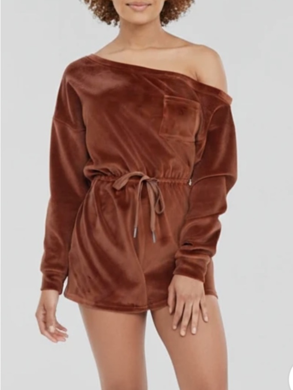 Fashion Nova Brown Velvet Off-Shoulder Romper